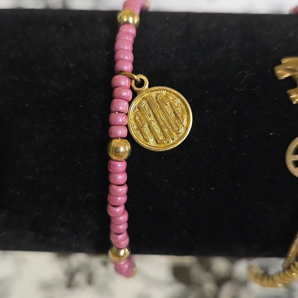 Pink and Gold Beaded Charm Bracelet Set Wg5 - Picture 3 of 7
